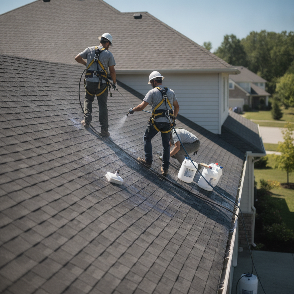 Create a realistic, professional service-business photograph showing Roof Rejuvenation in progress. People may be present, but only from behind, with the backs of their heads visible. Do not show any faces, facial features, front-facing vie