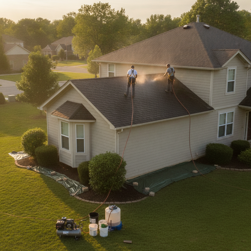 Create a realistic, professional service-business photograph showing Roof Rejuvenation in progress. People may be present, but only from behind, with the backs of their heads visible. Do not show any faces, facial features, front-facing vie
