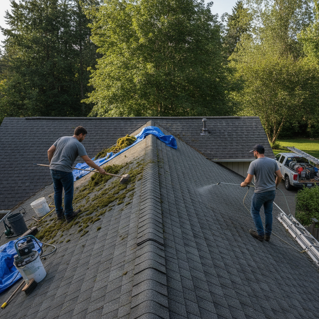 Create a realistic, professional service-business photograph showing Roof Moss Removal in progress. People may be present, but only from behind, with the backs of their heads visible. Do not show any faces, facial features, front-facing vi