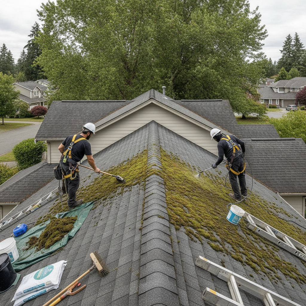 Create a realistic, professional service-business photograph showing Roof Moss Removal in progress. People may be present, but only from behind, with the backs of their heads visible. Do not show any faces, facial features, front-facing vi